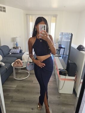 Women's Navy Two-Piece Knit Maxi Skirt Set